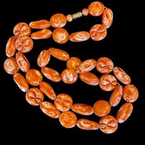 Vintage Cinnamon Nutmeg Color Acrylic Carved Beaded 24” Necklace Barrel Closure
